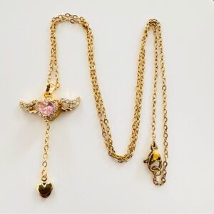 Dainty 18K Gold Plated Pink Heart with wings Pendant Necklace. New